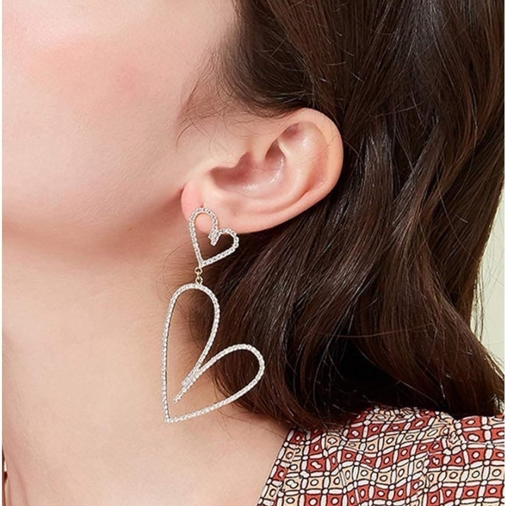 Gold Rhinestone Double Love Heart Drop Dangle Earrings Nwt - Picture 7 of 8